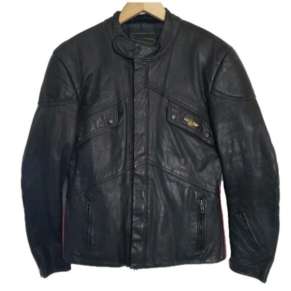 VTG Yamaha Leather Racing Single Riders Jacket Black w/ Gray Side Panels 44 (42)